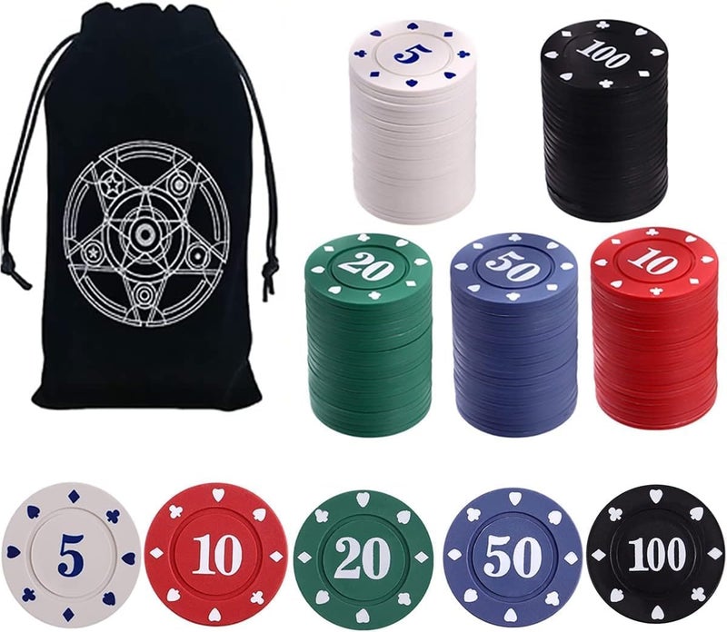 IXIGER Poker Chips,Denomination Poker Chips Set with Black Velvet Pouch Bag,Plastic Game Chips,Game Night Party Supplies(100pcs) - Image 1